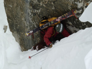 Nate Greenberg navigating tricky terrain in the Notch Couloir on Split Mountain. Photo: Jim Barnes.