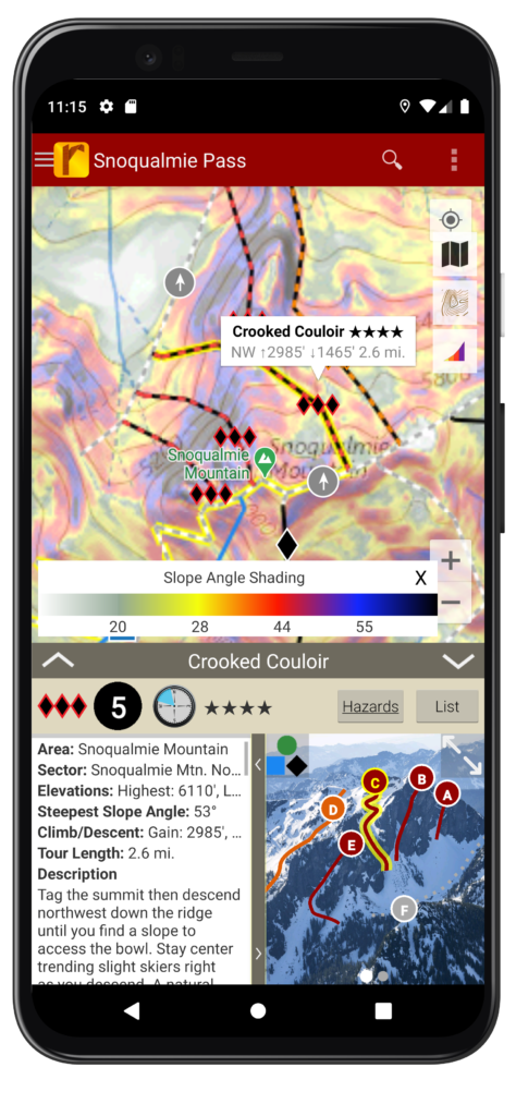 Ski map with slope angle shading on Android device