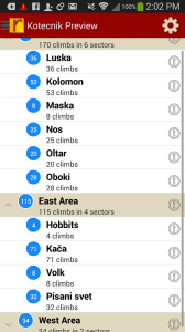 Explore Kotecnik rock climbs from a hierarchical list that can be filtered.
