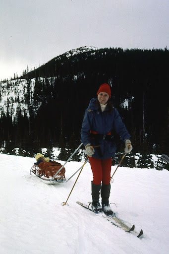 Jana Ley and one-year-old Samuel sled tour on Cameron Pass. Winter of 1982.